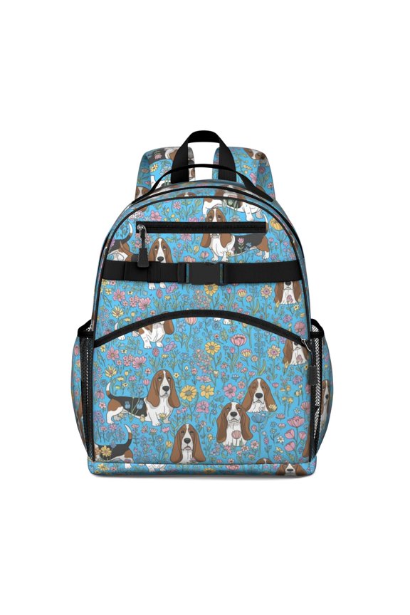 Basset Hound and Floral Blue Pattern Backpack for School, Cute School Bag with Adjustable Shoulder Straps and Padded Back, 15.25"x11.5"x5.25"
