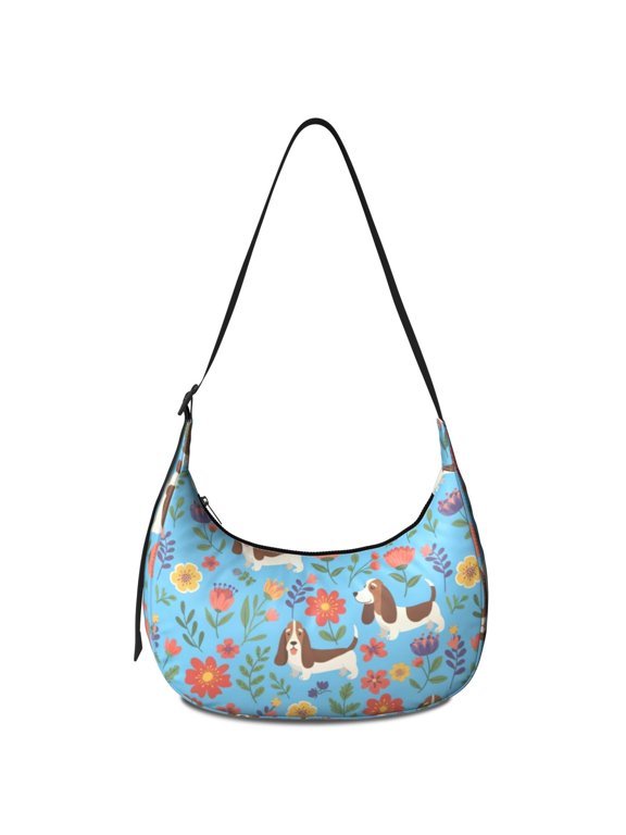 Basset Hound and Floral Blue Pattern Hobo Shoulder Bag, Travel Hobo Tote with Adjustable Strap, Water Resistant Gift Ideas for Holiday Birthday Gifts