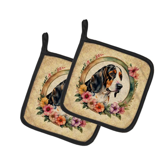 Basset Hound and Flowers Pair of Pot Holders