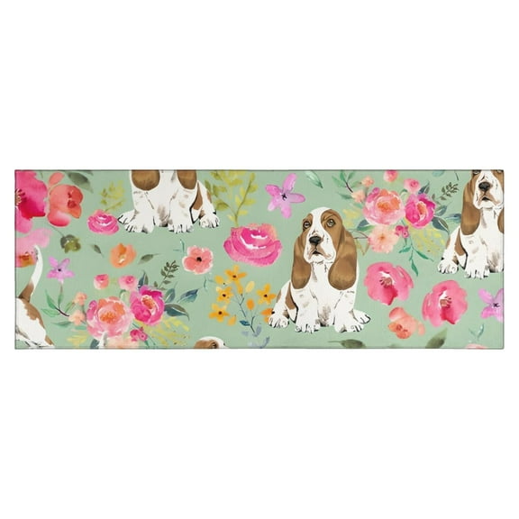 Basset Hound and Pioneer Flower Kitchen Rug Mat,Kitchen Runner Rugs Non Skid Washable,Decorative Kitchen Floor Mats for Kitchen,Sink,Laundry,17"X47"