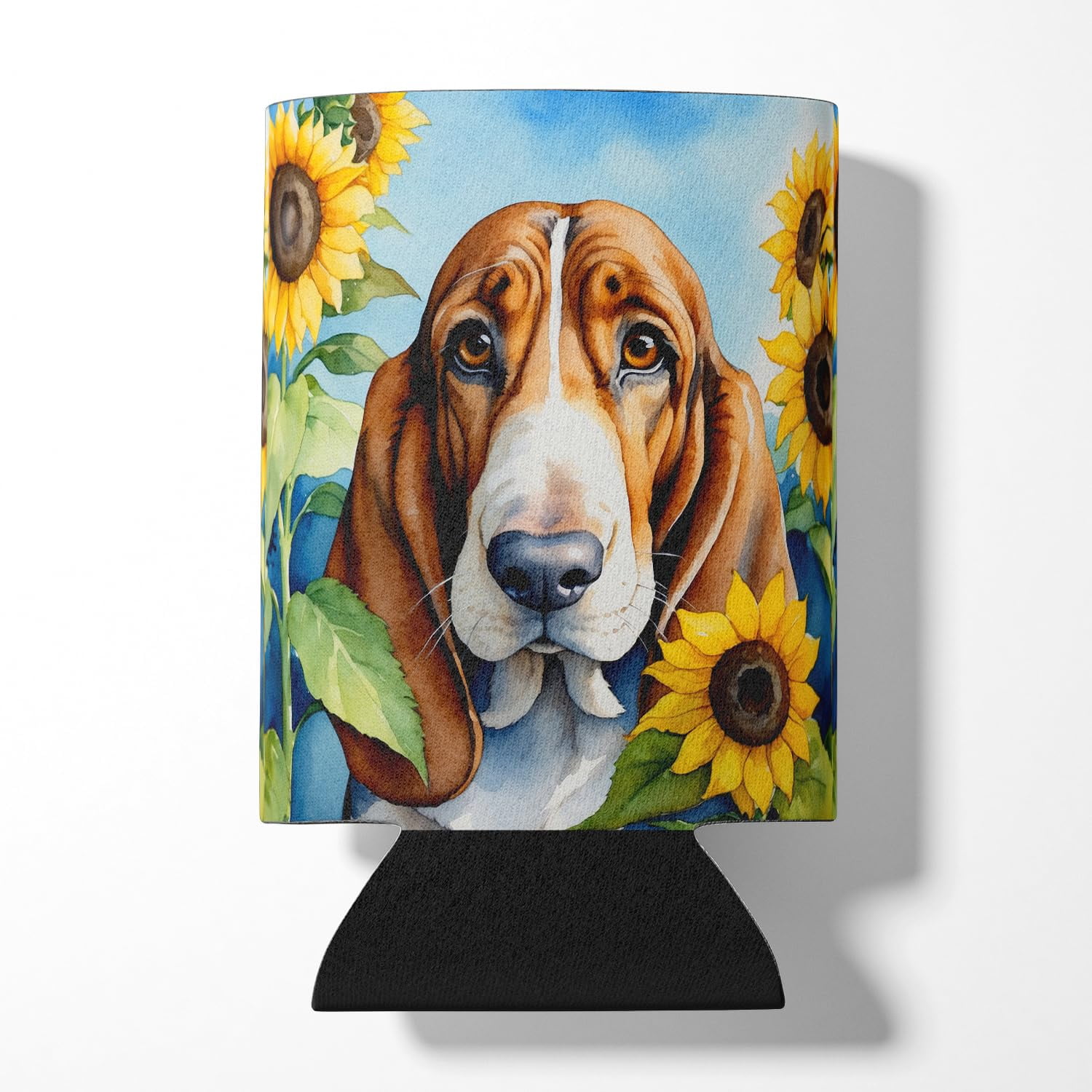 Basset Hound in Sunflowers Can or Bottle Hugger 3 in x 5 in