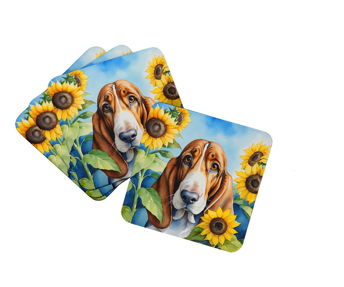 Basset Hound in Sunflowers Foam Coasters 3.5 in x 3.5 in