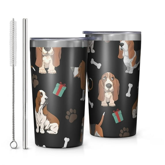 Basset Hounds with Bones and Presents 10oz Tumblers Stainless Steel Tumbler with Lid and Straw,Vacuum Insulated Double Wall Travel Tumbler Cups with Cleaning Brush for Coffee, Tea