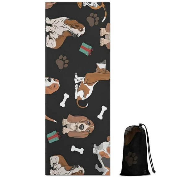 Basset Hounds with Bones and Presents Hot Yoga Mat Towel Non Slip for Hot Yoga - Quick-Drying Yoga Mat Cover with 4 Corner Pockets with Travel Bag - Hot Yoga Towel Non Slip 74"x26"