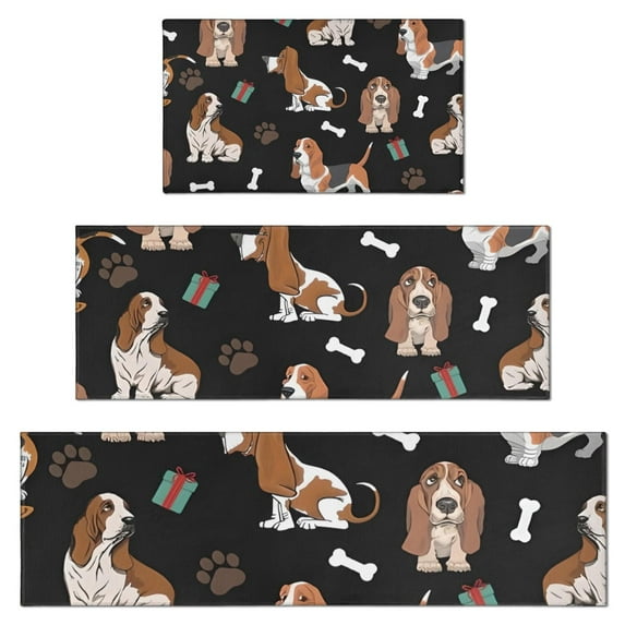 Basset Hounds with Bones and Presents Kitchen Rugs Sets Of 3,Kitchen Runner Rugs Non Skid Washable,Decorative Kitchen Floor Mats for Kitchen,Sink,Laundry,17"x30"+ 17"x47" + 17"x59"
