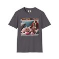 thumbnail image 1 of Basset Hounds Happy Girl in a Robe Unisex Softstyle T-Shirt, 1 of 11