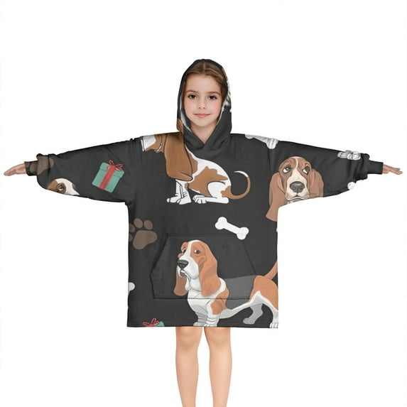 Basset Hounds with Bones and Presents Blanket Hoodies for Kids 6-13YR Oversize Wearable Blanket Hoodies for Boys Girls Teens