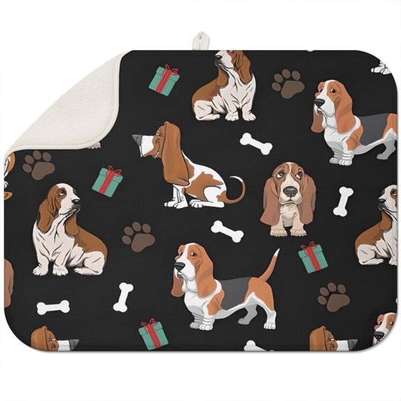 Basset Hounds with Bones and Presents Dish Drying Mat for Kitchen 1 Pack, Ultra Absorbent Microfiber Dishes Drainer Mats,18"x24"
