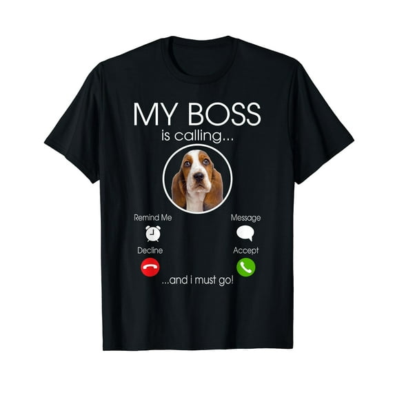 Basset My Boss Is Calling Funny Casual Cotton T-Shirt Black Tee