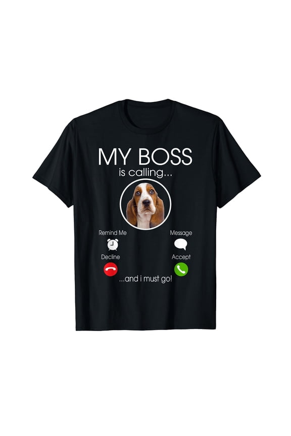 Basset My Boss Is Calling Funny Casual Cotton T-Shirt Black Tee