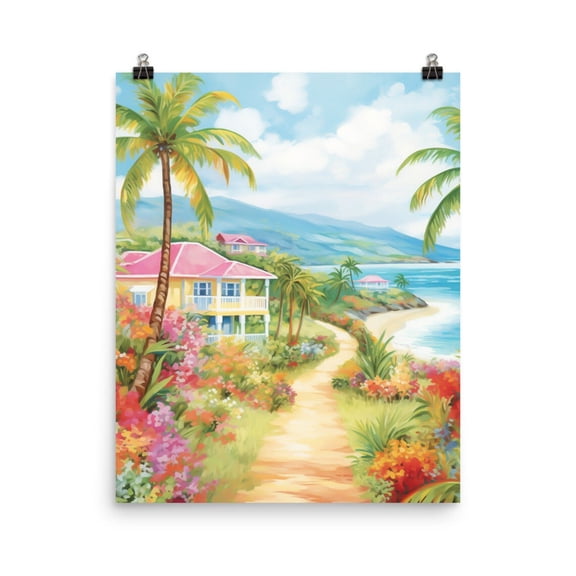 Basseterre St, Kitts Print, Caribbean Coastal Art, Exotic Island Poster, Colorful Houses Wall Decor, Tropical Seaside Travel Art Home Decor #4000, Unframed Poster Size 12x18