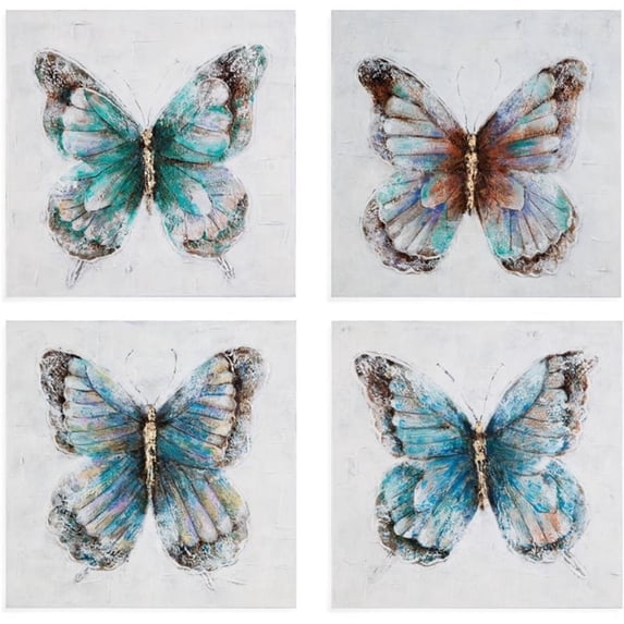 Bassett Mirror Metallic Butterflies Canvas Fabric Wall Art in Blue (Set of 4)