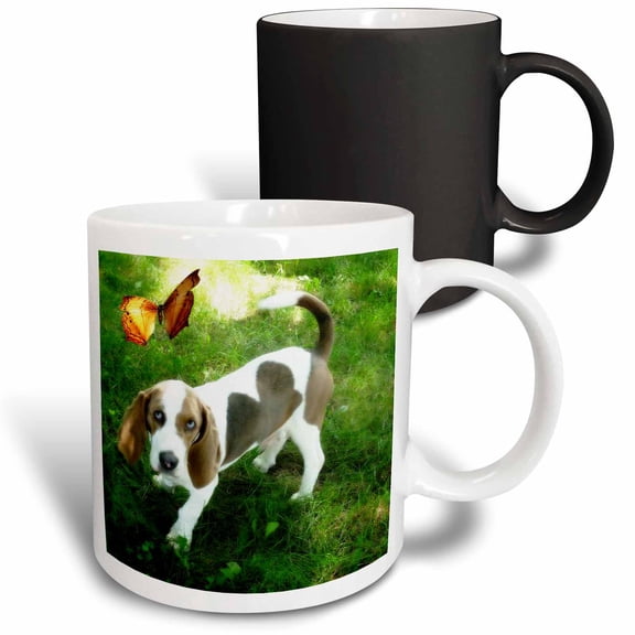 3drose, Bassette Hound Pup with Butterfly, 11oz Magic Transforming Mug