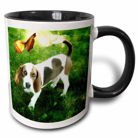 3drose, Bassette Hound Pup with Butterfly, 11oz Two-tone Black Mug