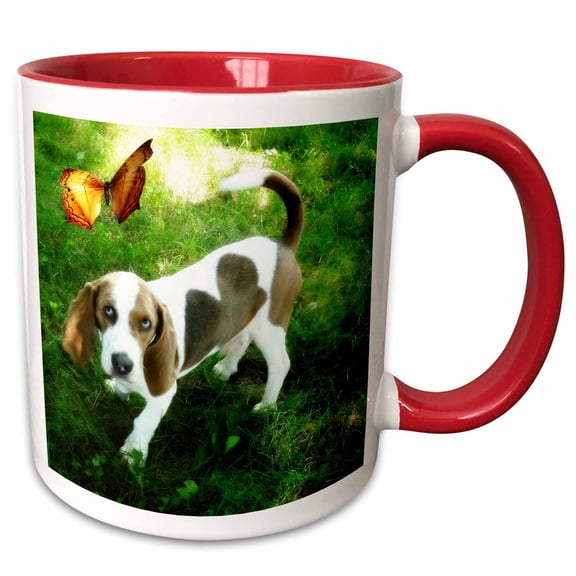 3drose, Bassette Hound Pup with Butterfly, 11oz Two-tone Red Mug