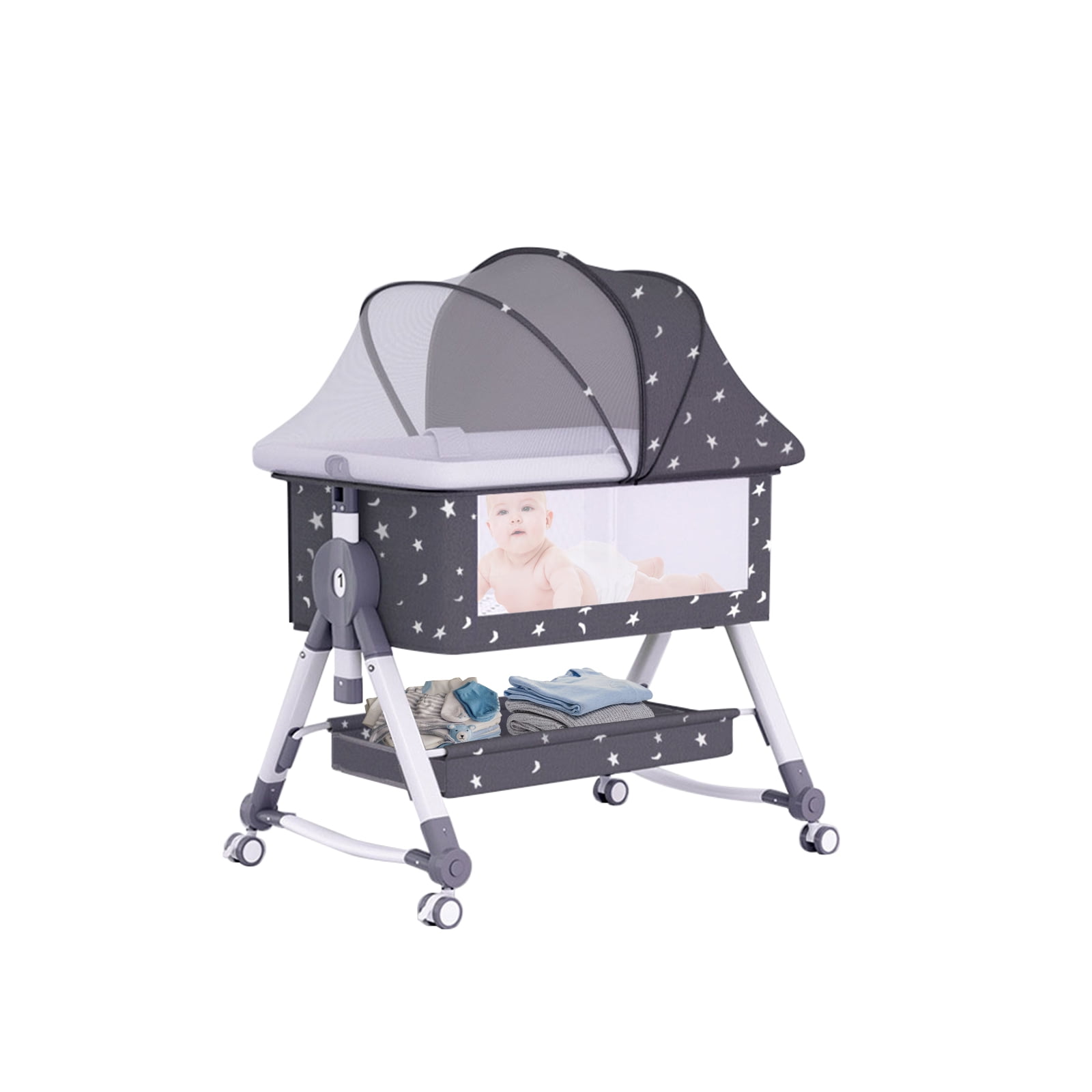 LUOLUO Bassinet Bedside , Baby Crib for Newborn, 5 Auto-Lock & Adjustable Height, Breathable Mesh & Mattress, Black