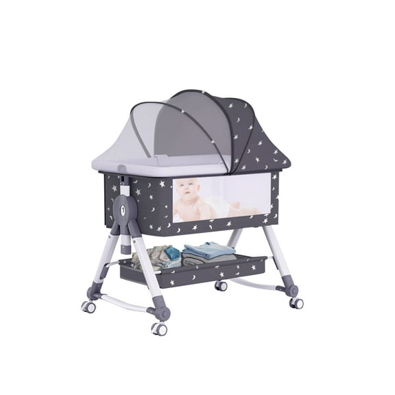 LUOLUO Bassinet Bedside , Baby Crib for Newborn, 5 Auto-Lock & Adjustable Height, Breathable Mesh & Mattress, Black