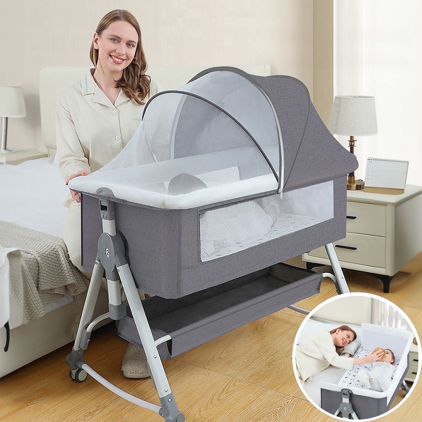 LUOLUO Baby Bassinet, 5-in-1 Infant Bedside Crib for 0-24 Months ,Adjustable Height, Breathable Mesh & Mattress,Gray