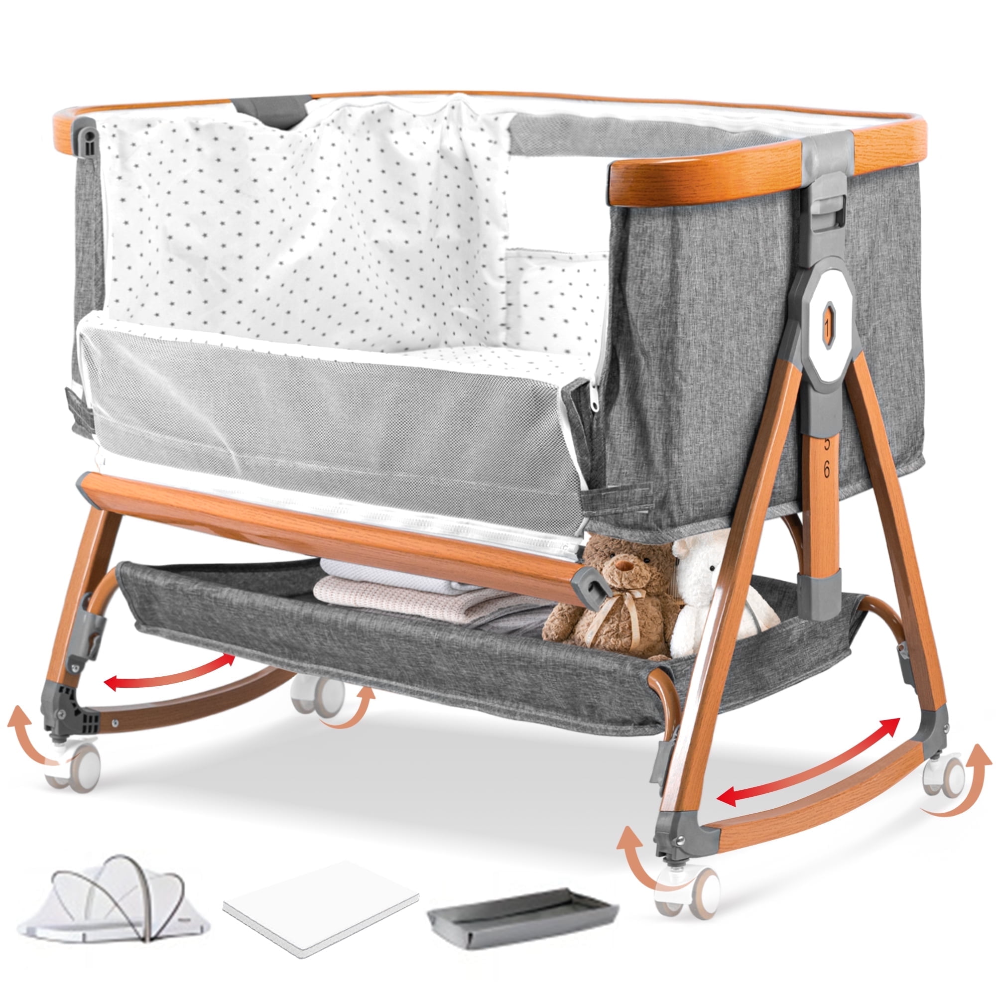 RUPOUN Bassinet Bedside Sleeper, Portable Baby Crib with 6 Adjustable Heights and Breathable Mesh Panels, Foldable, Gray