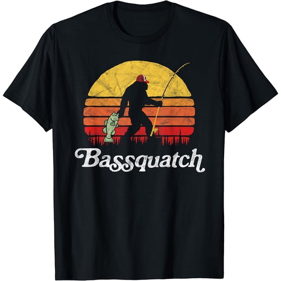 Bassquatch! Funny Bigfoot Fishing Outdoor Retro T-Shirt Black X-Large