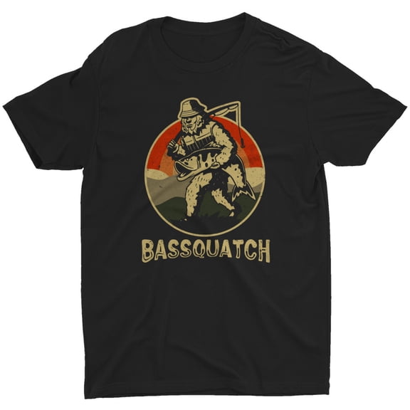 Bassquatch Funny Bigfoot Fishing Rod Bass Fish Retro Men T-Shirt Sasquatch Shirt