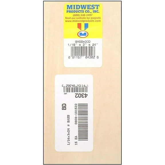 Midwest Products Basswood Unfinished Wood Sheets - Rectangular - 15 Pieces, 1/16 x 3 x 24-In