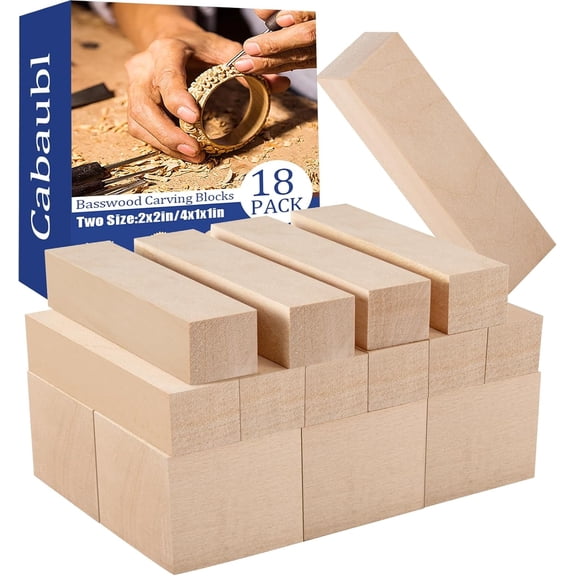 Basswood Carving Blocks, 18 Unfinished Wood Pieces, Whittling Blocks with 2 Sizes