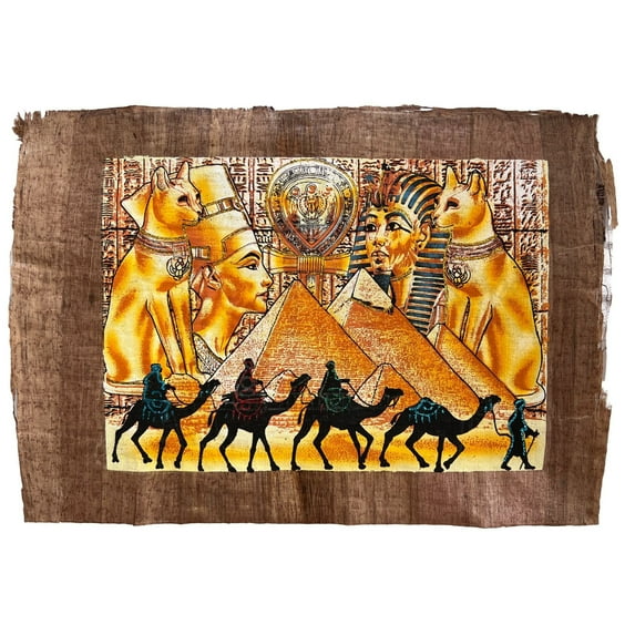 Bastet Nefertiti Ankh and Tutankhamun on Antiqued Papyrus, Glow in Dark Unique Painting - 17x13 Inches