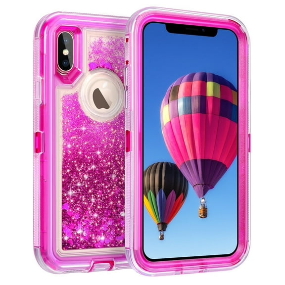 Bastex Apple iPhone XR Tough Defender Sparkling Liquid Glitter Heart Case Cover Hot Pink