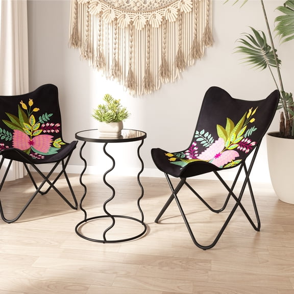 Bastia Side Table Black End Table, Modern Style, Mirror Glass round shape tabletop, Steel, Indoor Living