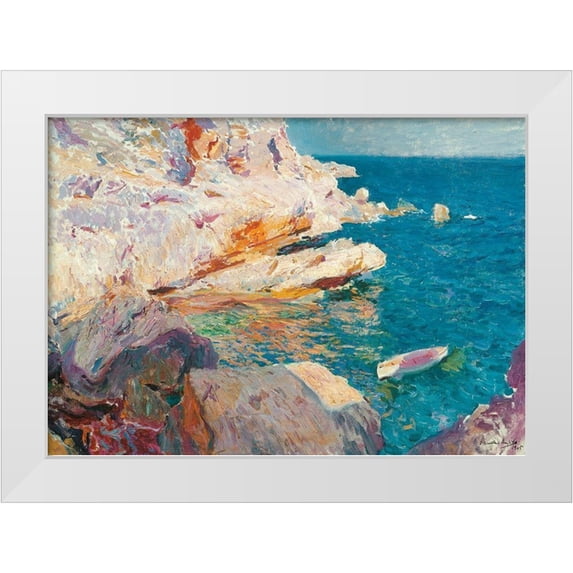 Bastida, Joaquin Sorolla y 18x14 White Modern Wood Framed Museum Art Print Titled - Rock at Javea and the White Boat