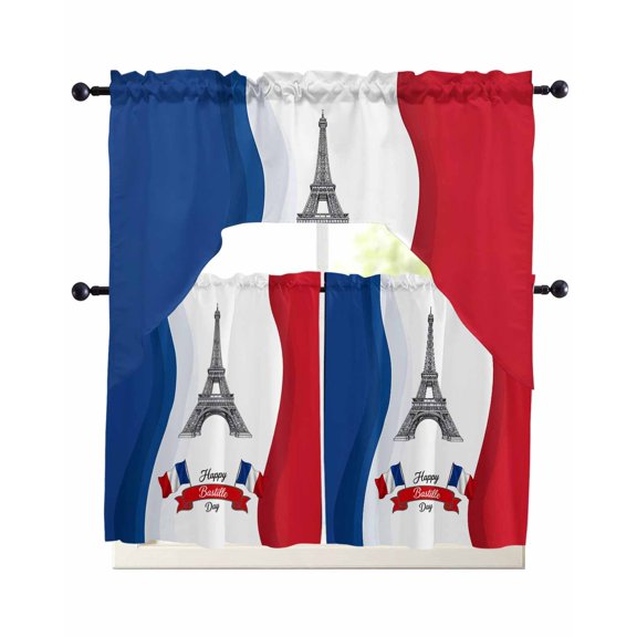 Bastille Day Kitchen Curtains Sets 36 Inch Length with Valance, July 14 Red Blue Modern Art Swag Valances and Tiers Curtain Set Drapes Swag Curtains for Living Room, Bathroom, Bedroom, Cafe