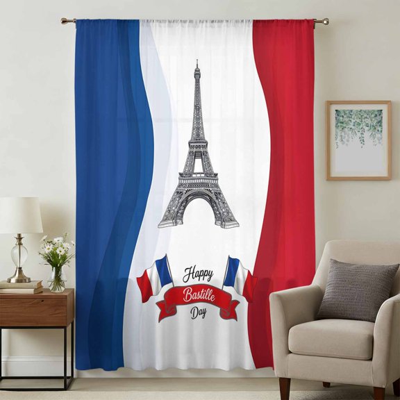 Bastille Day Sheer Curtains 45 Inches Long, July 14 Red Blue Modern Art Light Filering Curtains, Breathable Simi Curtain Privacy Drapes for Kitchen Bathroom Lightweight Small Window Treatment
