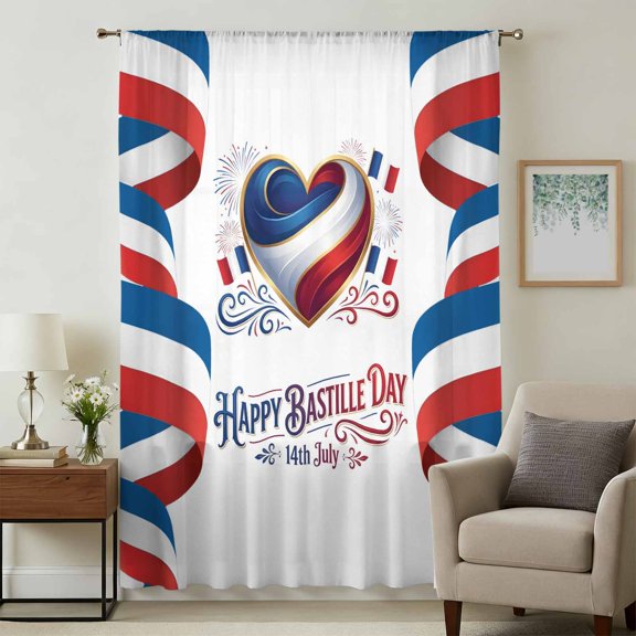 Bastille Day Sheer Curtains 45" Long, July 14 Red Blue Modern Abstract Art Light Filering Curtains, Breathable Simi Curtain Privacy Drapes for Kitchen Bathroom Lightweight Small Window Treatment