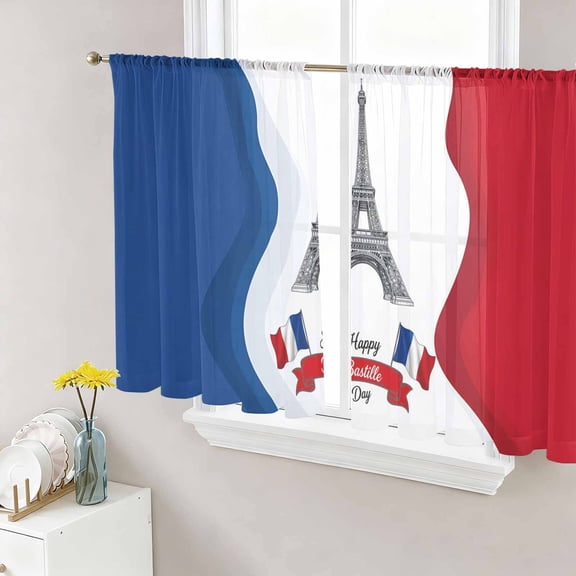 Bastille Day Sheer Curtains 54 Inch Length 2 Panels Set, July 14 Red Blue Modern Art Voile Window Treatment Rod Pocket Short Kitchen Curtains Drapes for Bedroom 52"x54"x2