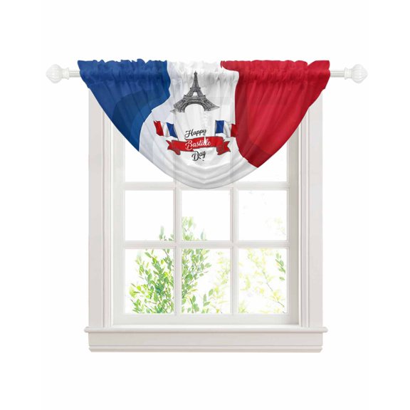 Bastille Day Sheer Waterfall Valance Curtains for Window, July 14 Red Blue Modern Art Rod Pocket Sheer Topper Swag Curtains for Living Room, Kitchen 38.5"W x 47.2"L, 1 Panel