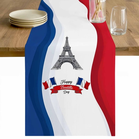 Bastille Day Table Runner - 36 Inch Long July 14 Red Blue Modern Art Cotton and Linen Blended Dress Scarves Farmhouse Table Runner for Kitchen Dining, Coffee Table, 13" x 36"