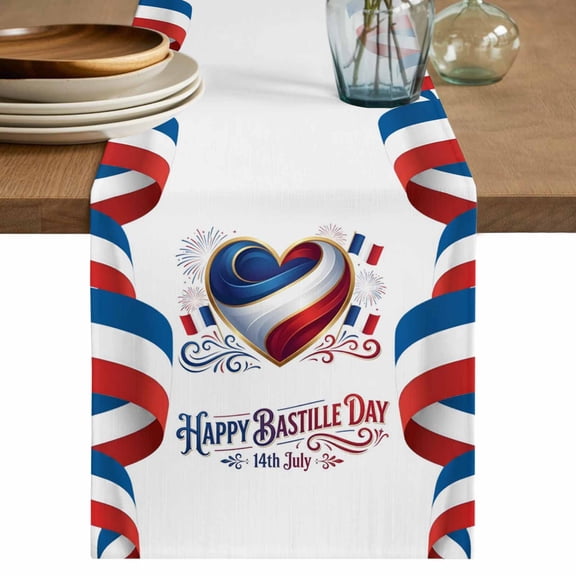 Bastille Day Table Runner, July 14 Red Blue Modern Abstract Art Washable Cotton Linen Table Runners 36 Inches Long, Dresser Scarf Runner for Nightstand/End Tables/Round Tables 13''x36''