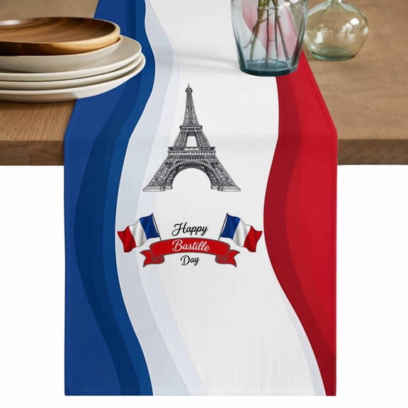 Bastille Day Table Runner, July 14 Red Blue Modern Art Washable Cotton Linen Table Runners 36 Inches Long, Dresser Scarf Runner for Nightstand/End Tables/Round Tables 13''x36''