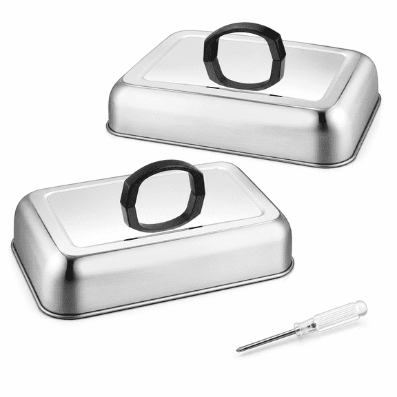Basting Cover Melting Dome Barbecue Tool Sets (No Vent, 2Pcs) | Rectangular Cheese Melt Domes for Blackstone Griddle Flattop Grill, Outdoor Cooking Stainless Steel Food Covers Lid (13x9.8)