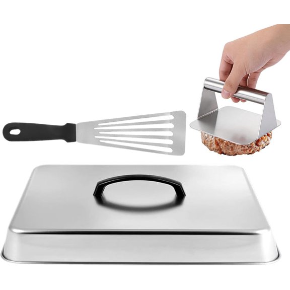 Basting Cover, Rectangular Stainless Steel Steaming Grill Lid with Meat Press and Spatula, Heavy Duty Cooking Tool for Indoor Outdoor BBQ, Perfect for Melting Cheese Cooking Hamburger Vegetables