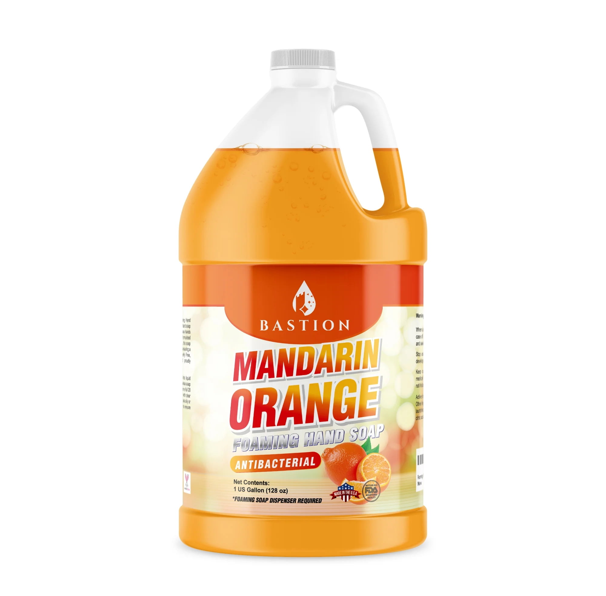 Bastion Foaming Antibacterial Hand Soap: Mandarin Orange Scented Instant Foam Hand Wash Refill 1 Gallon (128 oz) Bulk Jug. Made In The USA