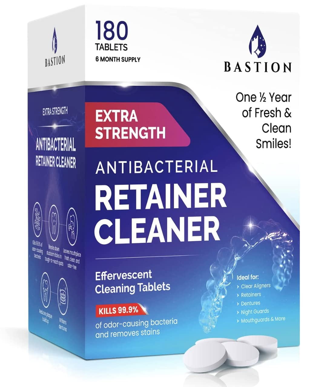 Bastion Retainer Cleaner and Denture Cleanser - 180 Tablets - 6 Month Supply