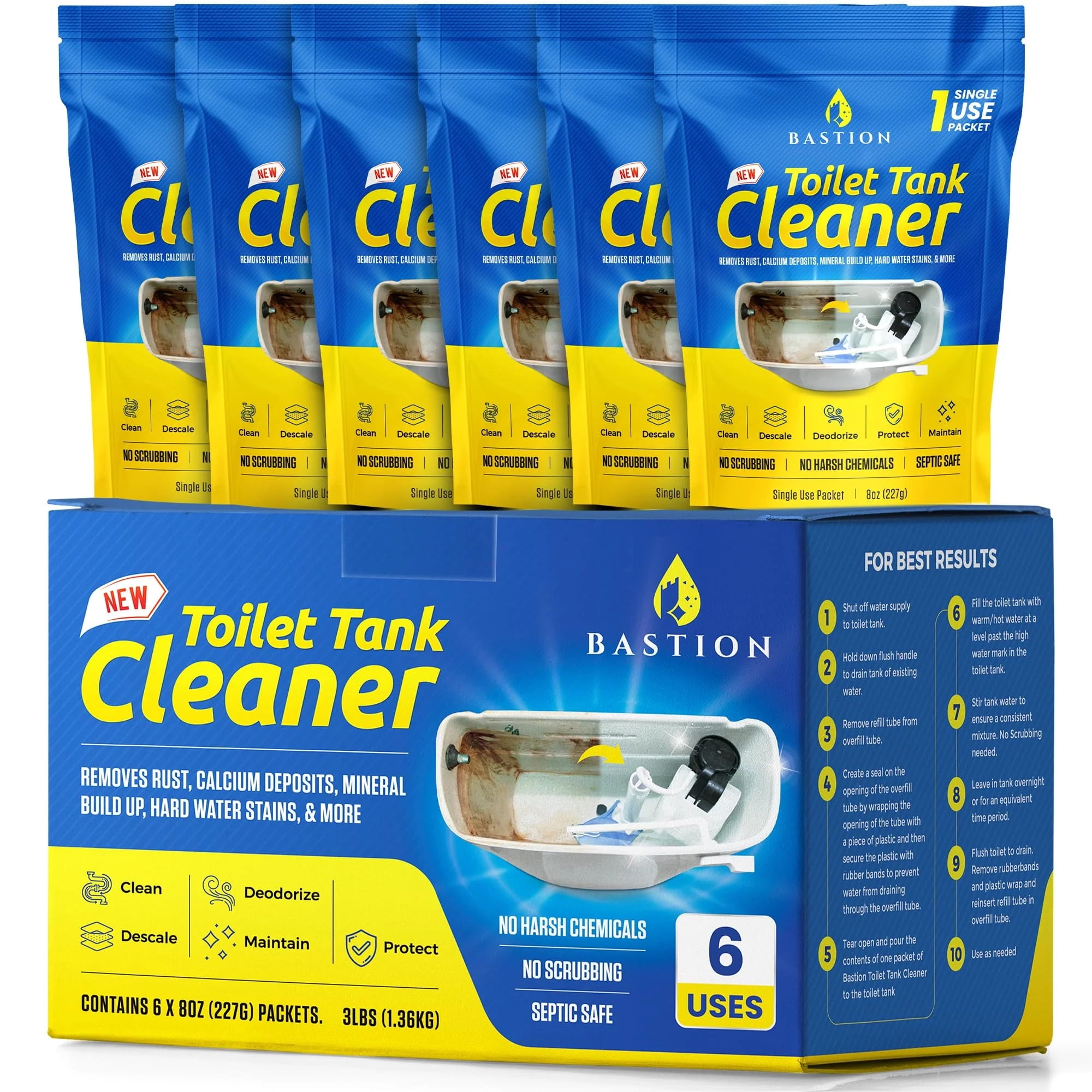 Bastion Toilet Tank Cleaner - 6-Uses. Removes Rust, Minerial Deposits, Hard Water Stains, & Calcium Build Up. Contains 6 X 8oz Single Use Packets