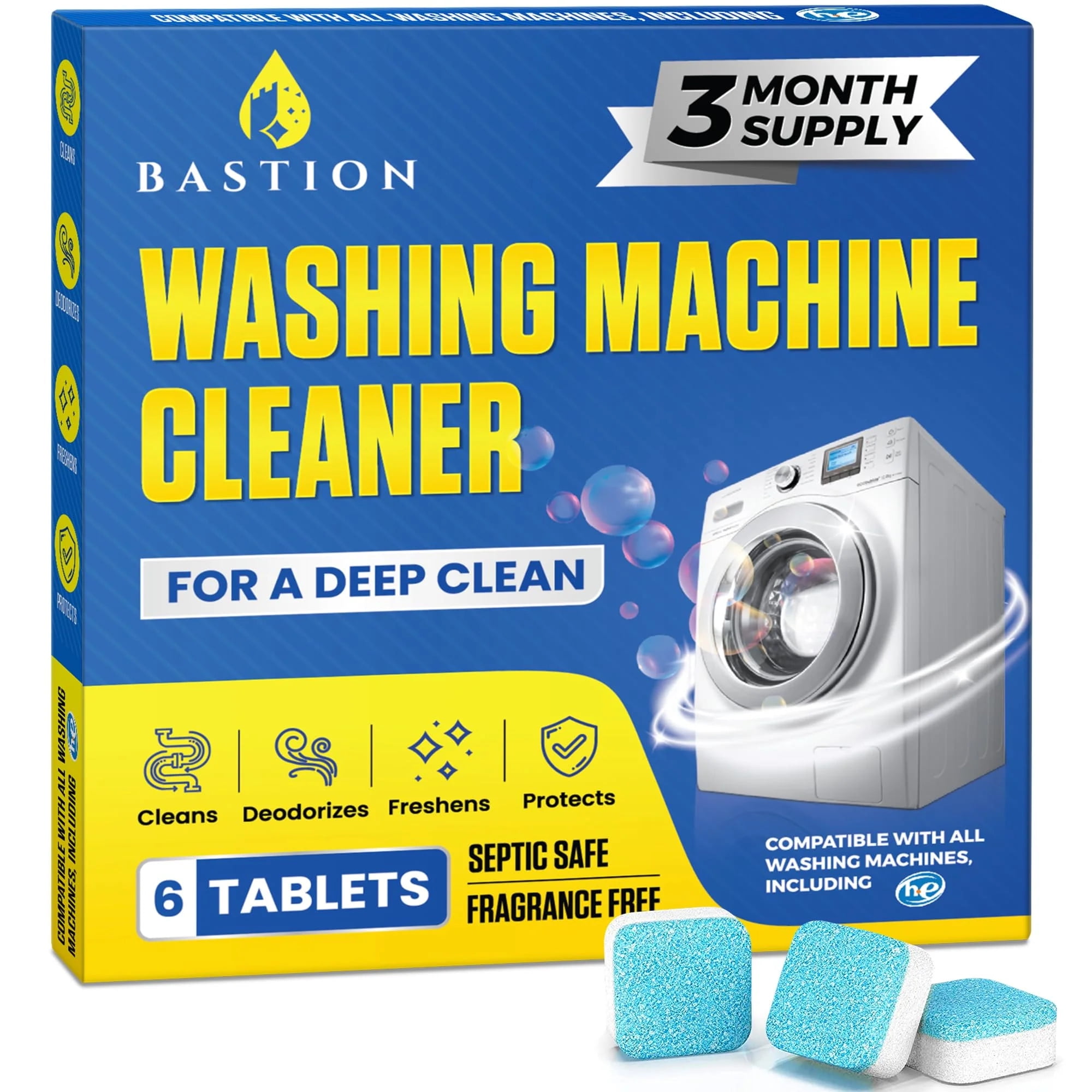 Bastion Washing Machine Cleaner, Deodorizer, & Descaler 6Pack Active