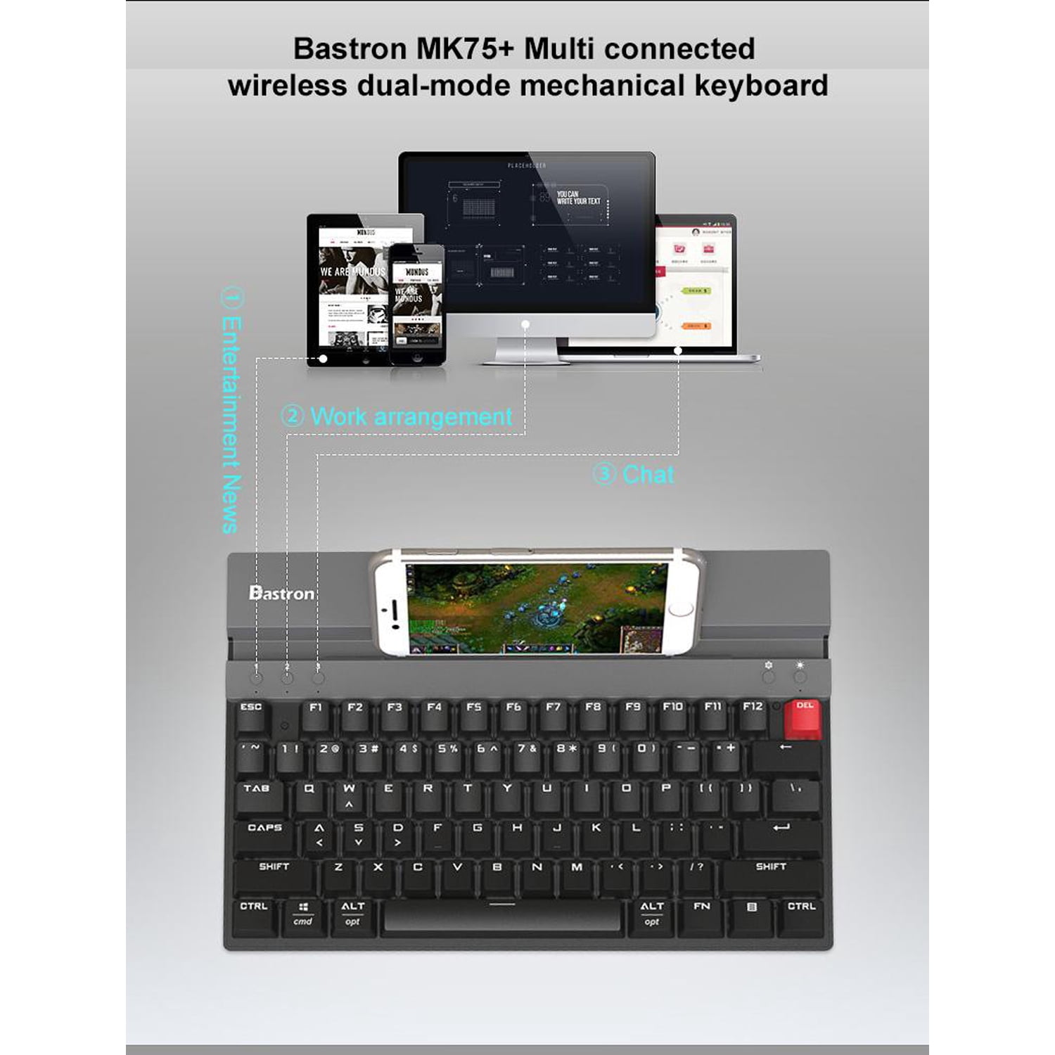 Bastron Multi-Connection Bluetooth Keyboard, 75 Keys