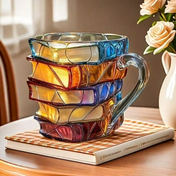Basysin 2025 New Colored Glass Book Mug Novelty Unique Coffee Cup Acrylic Stacked Books Coffee Cup for Librarians & Readers (1 Pack)