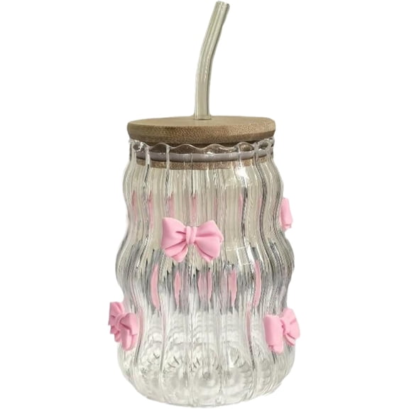 Basysin 2026 New 15oz Bow Glass Cup, Reusable Coffee Cups with Lids and Straw, 450ml Retro Ribbed Water Cup, Transparent Milk Tea Juice Cups Coffee Mug for Home Drinkware (1 PC)