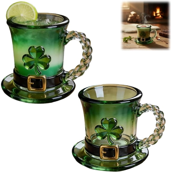 Basysin 2026 Upgraded St. Patrick's Day Leprechaun Hat Glass Mug, Green Gradient Glass Mug With Shamrock & Spiral-patterned Handle, Holiday Table Centerpieces, Festival Drinkware Gift (2 PCS)