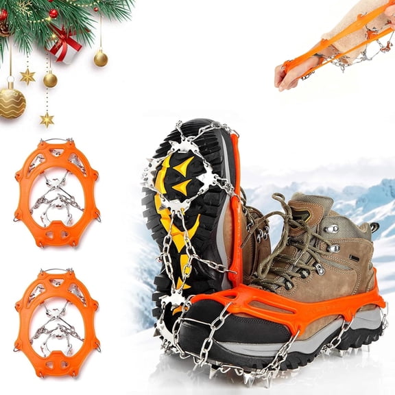 Basysin Crampons for Shoes, Ice Cleats Traction 201 Stainless Steel 19 Spikes Grippers for Walking Jogging Hiking (Orange)